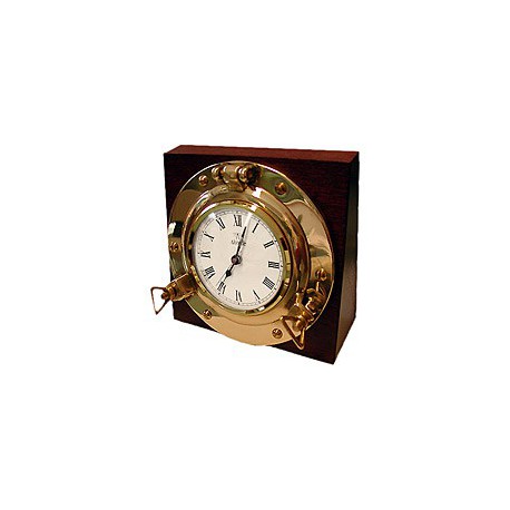 Horloge hublot de bureau sur bois - Laiton - Marineshop.fr