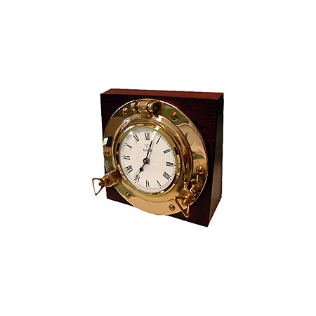 Horloge hublot de bureau sur bois - Laiton - Marineshop.fr