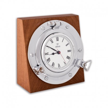 Horloge hublot de bureau sur bois - Chrome - Marineshop.fr