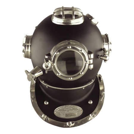 Casque de scaphandrier fer finition nickel & noir- avec socle - Marineshop.fr