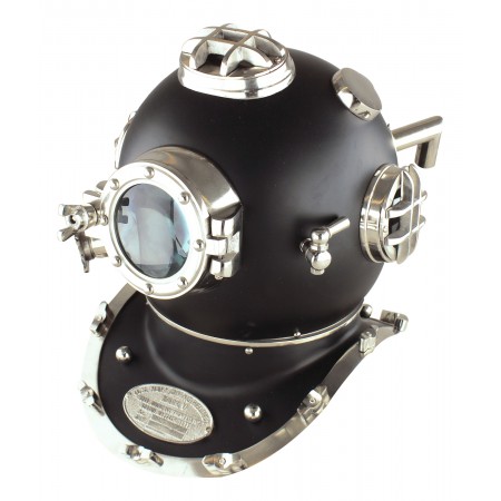 Casque de scaphandrier fer finition nickel & noir- avec socle - Marineshop.fr